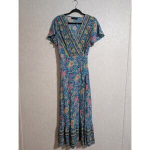 Zesica Midi Maxi Wrap Dress Floral Vacation Resort Colorful Artsy Casual Size L